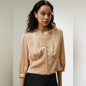 LilySilk X Sonia Fitted Retro Corset Silk Top Blouse Champagne Romantic Sz 2